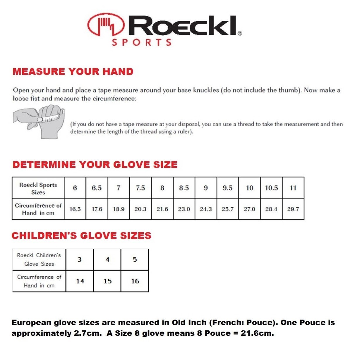 Таблиця розмірів рукавичок для верхової їзди Roeckl